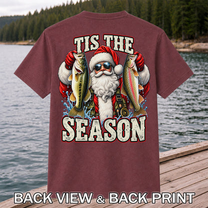 Tis the Season Santa Holding Bass and Rainbow Trout Christmas Fishing T-Shirt | Back Print