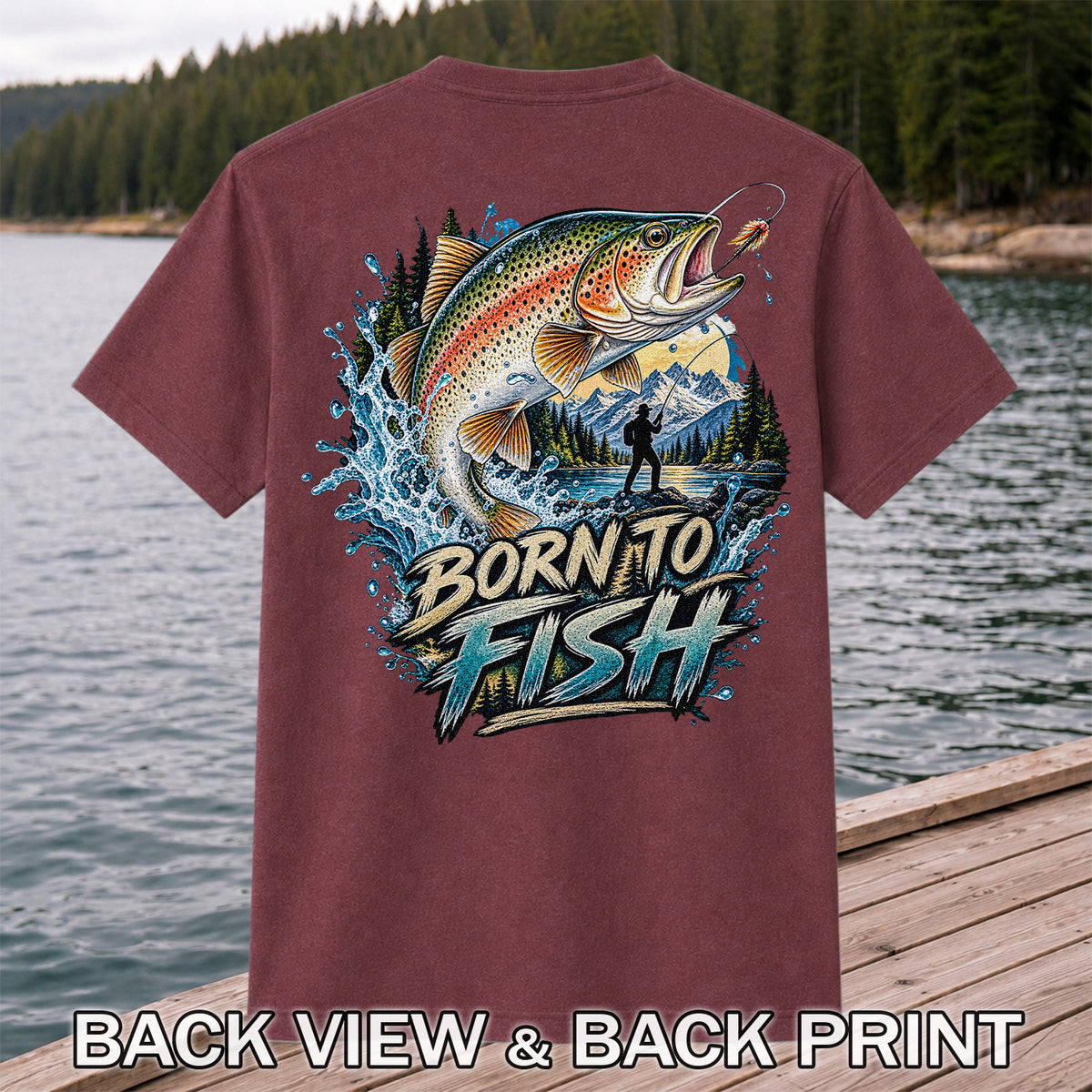 Born to Fish Rainbow Trout Fly Fishing Graphic T-Shirt | Back Print