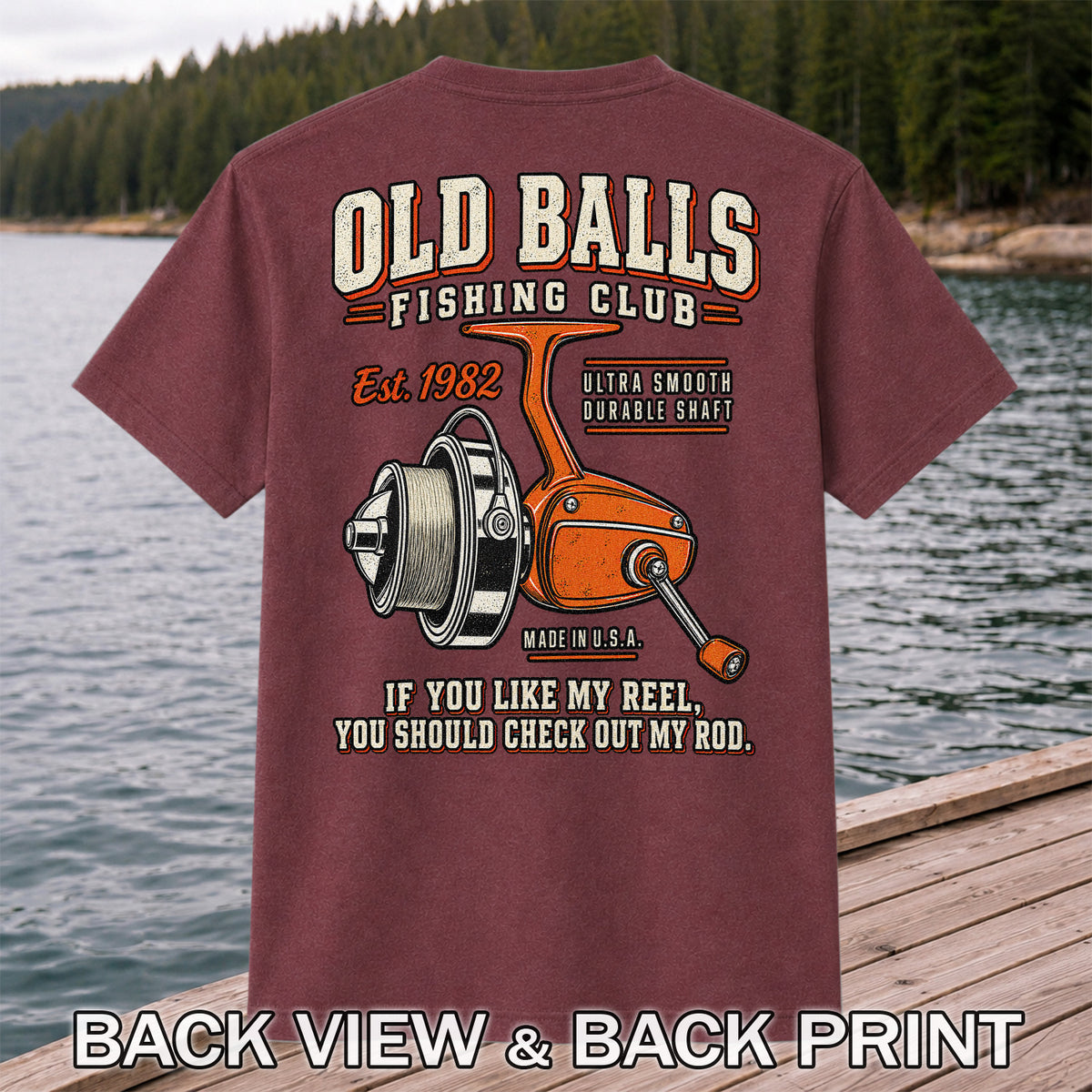 Old Balls Fishing Club Vintage Spinning Reel Graphic T-Shirt | Back Print