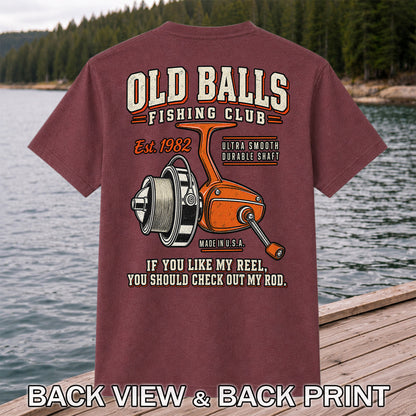 Old Balls Fishing Club Vintage Spinning Reel Graphic T-Shirt | Back Print