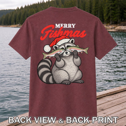 Santa Raccoon Holding Fish Christmas Fishing Graphic T-Shirt | Back Print
