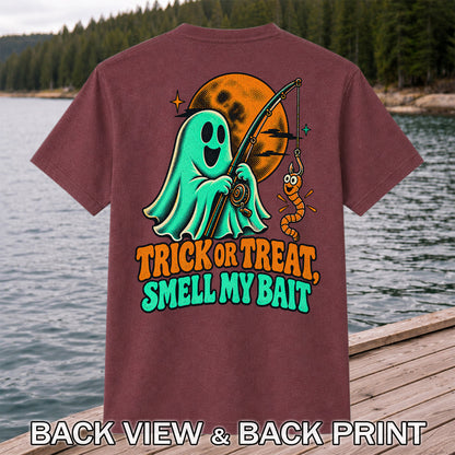 Trick or Treat, Smell My Bait Ghost Halloween Fishing T-Shirt | Back Print