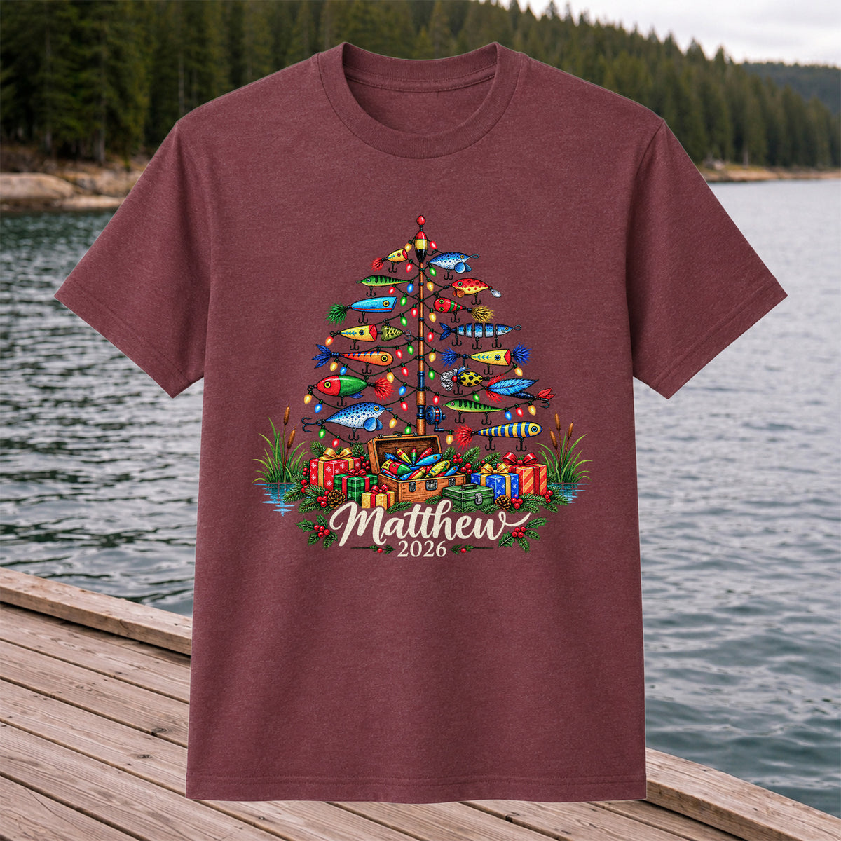 Personalized Christmas Fishing Lure Tree Name Graphic T-Shirt