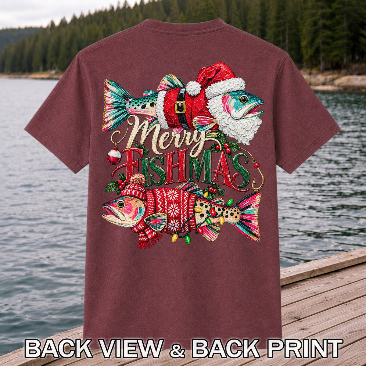 Merry Fishmas Santa Fish Christmas Fishing Graphic T-Shirt | Back Print