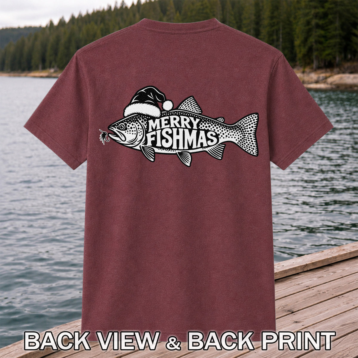 Merry Fishmas Black and White Trout Christmas Fishing T-Shirt | Back Print