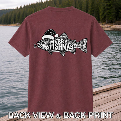 Merry Fishmas Black and White Trout Christmas Fishing T-Shirt | Back Print