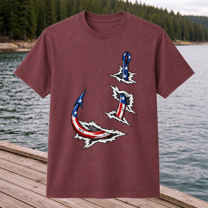 Patriotic American Flag Fishing Hooks Graphic T-Shirt