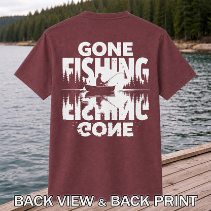 Gone Fishing Lake Adventure Angler Graphic T-Shirt | Back Print
