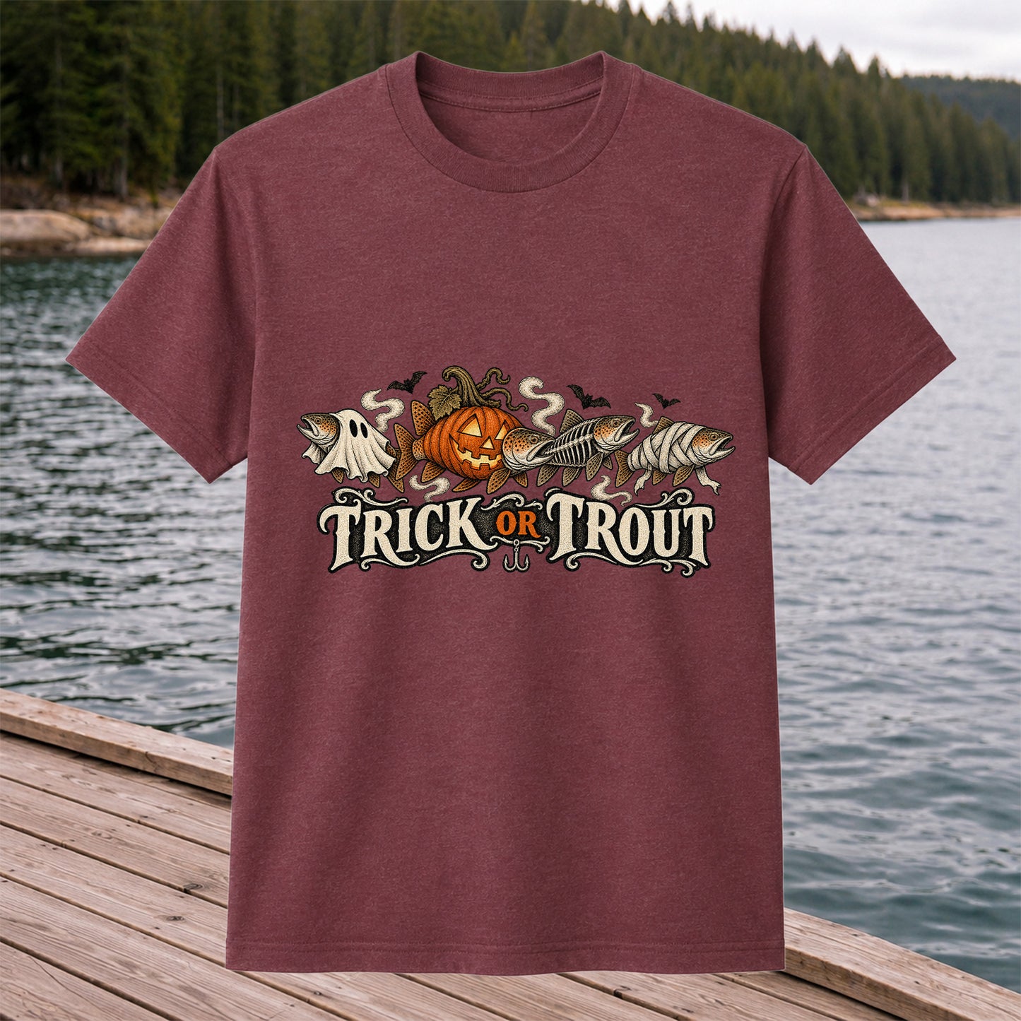 Trick or Trout Halloween Fish Lineup Fishing T-Shirt