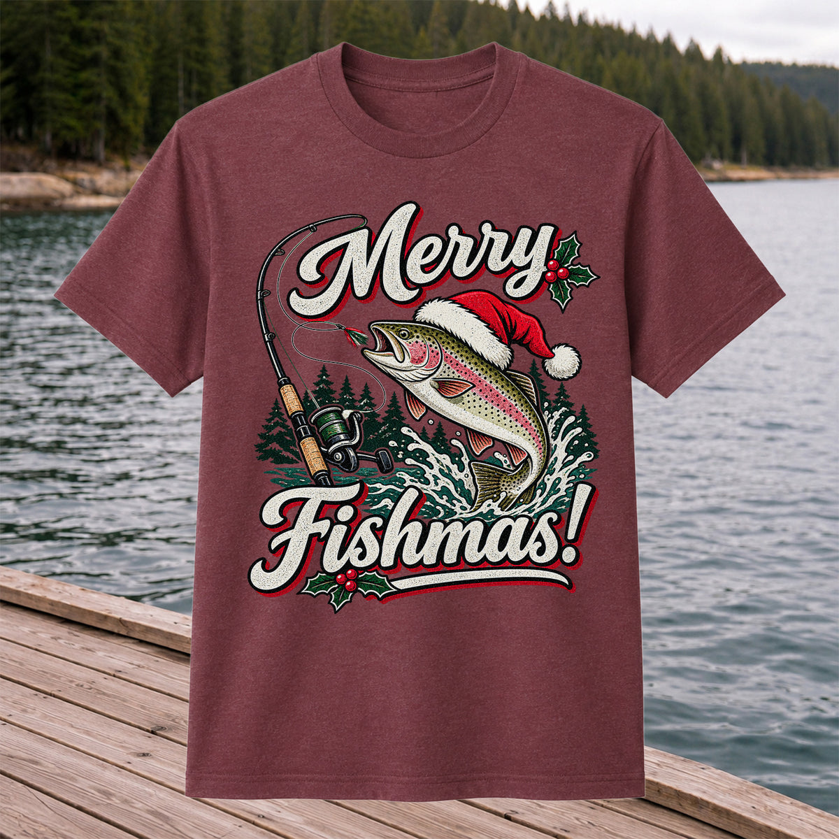 Merry Fishmas Rainbow Trout in Santa Hat Christmas Fishing T-Shirt, Trout Fishing