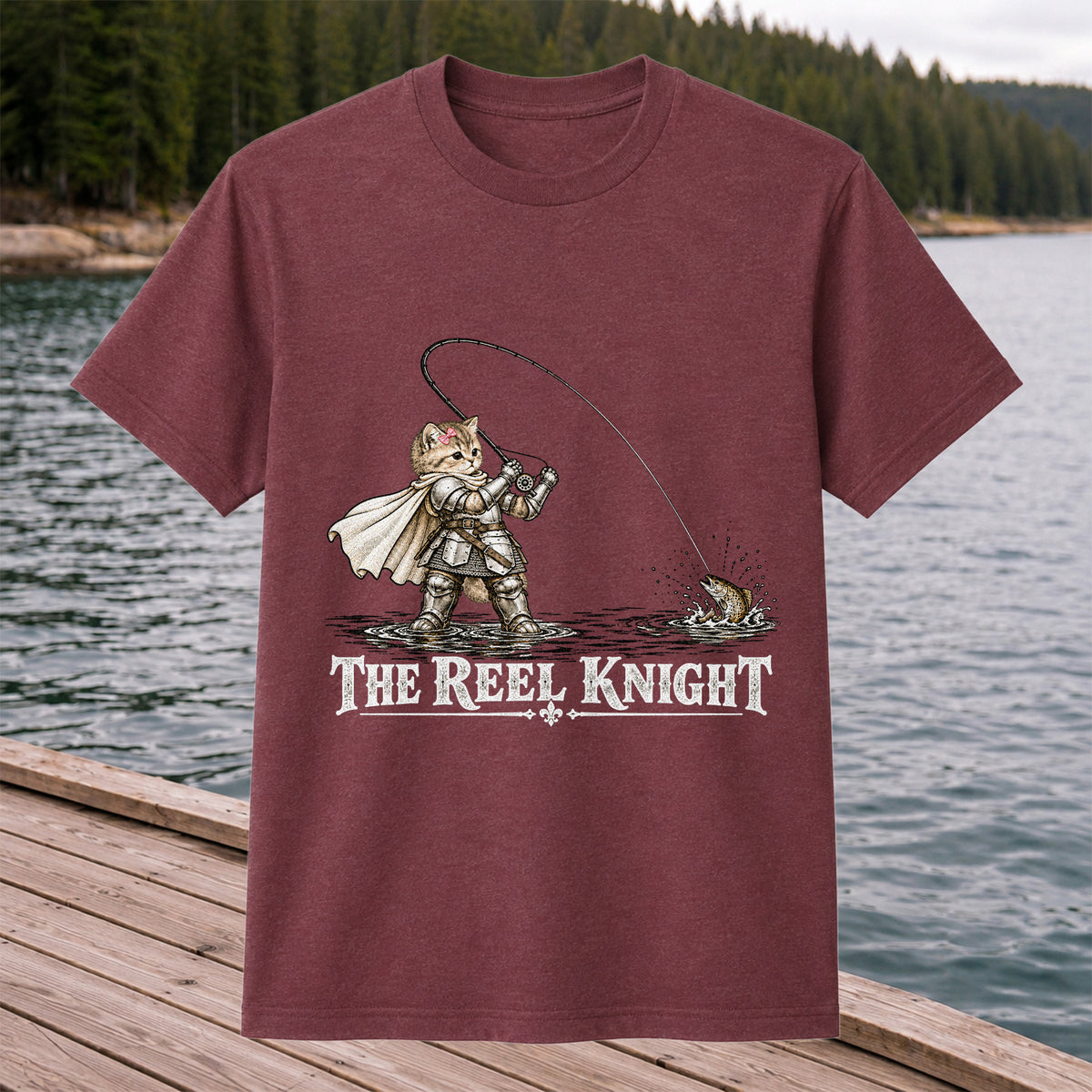 The Reel Knight Cat in Armor Funny Fishing Graphic T-Shirt