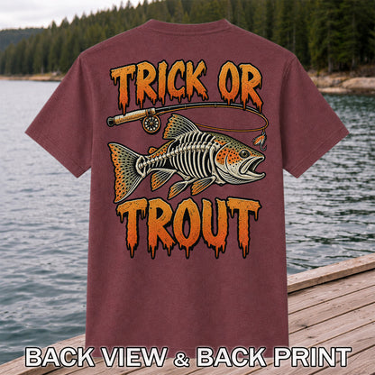 Trick or Trout Skeleton Trout Halloween Fly Fishing T-Shirt | Back Print