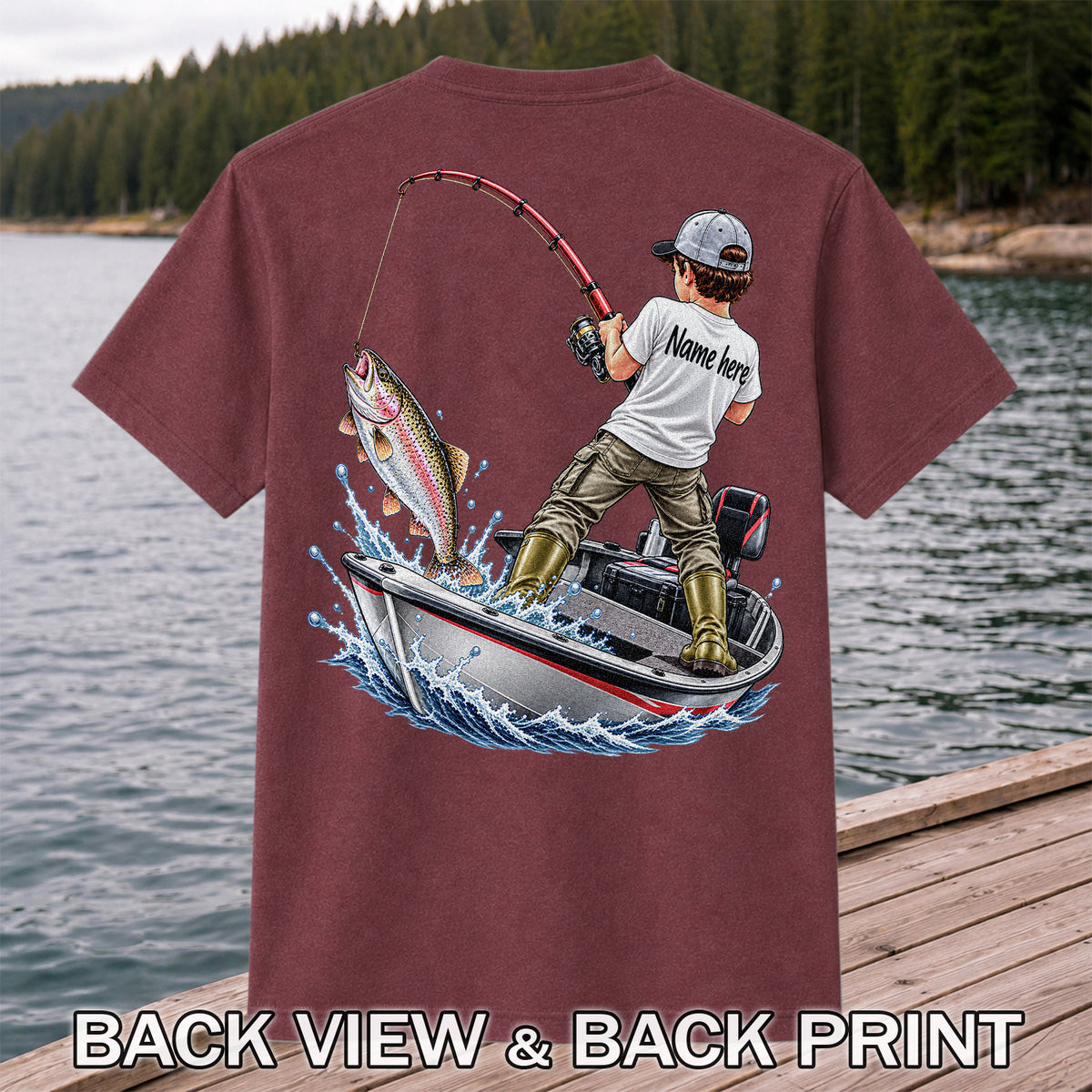 Personalized Boy Fishing Boat and Rainbow Trout Graphic T-Shirt | Back Print
