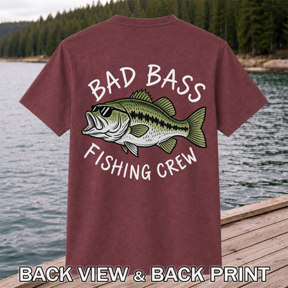 Bad Bass Fishing Crew Funny Graphic T-Shirt | Back Print