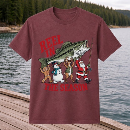 Reel in the Season Bass Christmas Fishing Graphic T-Shirt