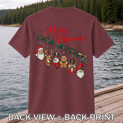 Christmas Fishing Rod Ornaments Holiday Graphic T-Shirt | Back Print