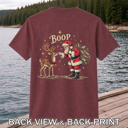 Santa and Reindeer Fishing Christmas Graphic T-Shirt | Back Print