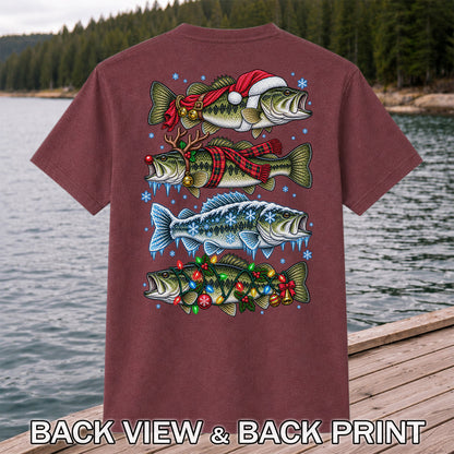 Christmas Bass with Santa Hat and Holiday Lights Fishing T-Shirt | Back Print