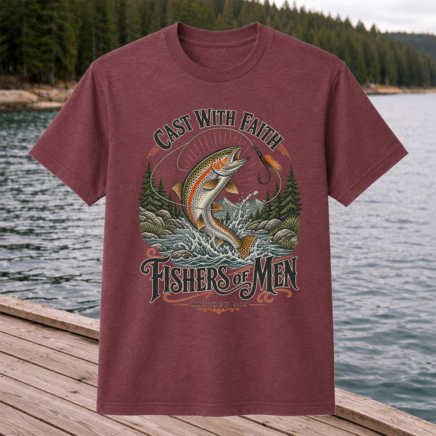 Cast with Faith Fishers of Men Matthew 4:19 Trout Fishing T-Shirt