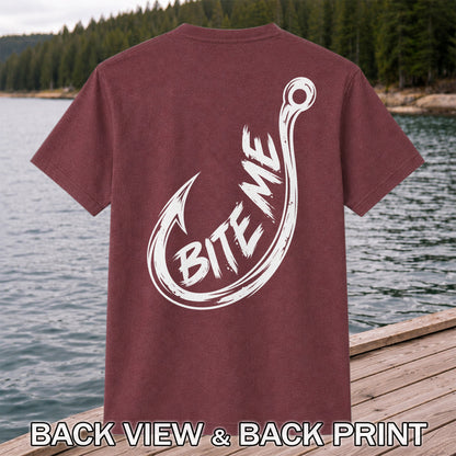 Bite Me Fishing Hook Funny Angler Graphic T-Shirt | Back Print
