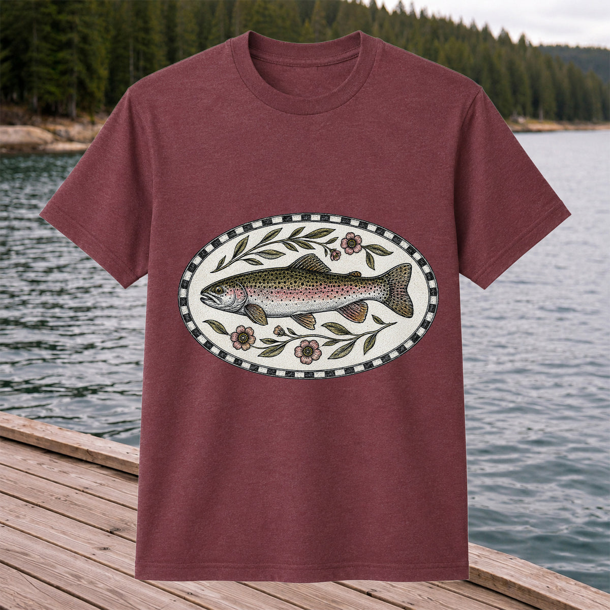 Vintage Floral Rainbow Trout Fishing Graphic T-Shirt