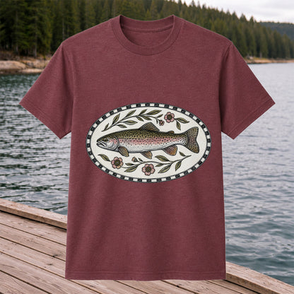 Vintage Floral Rainbow Trout Fishing Graphic T-Shirt