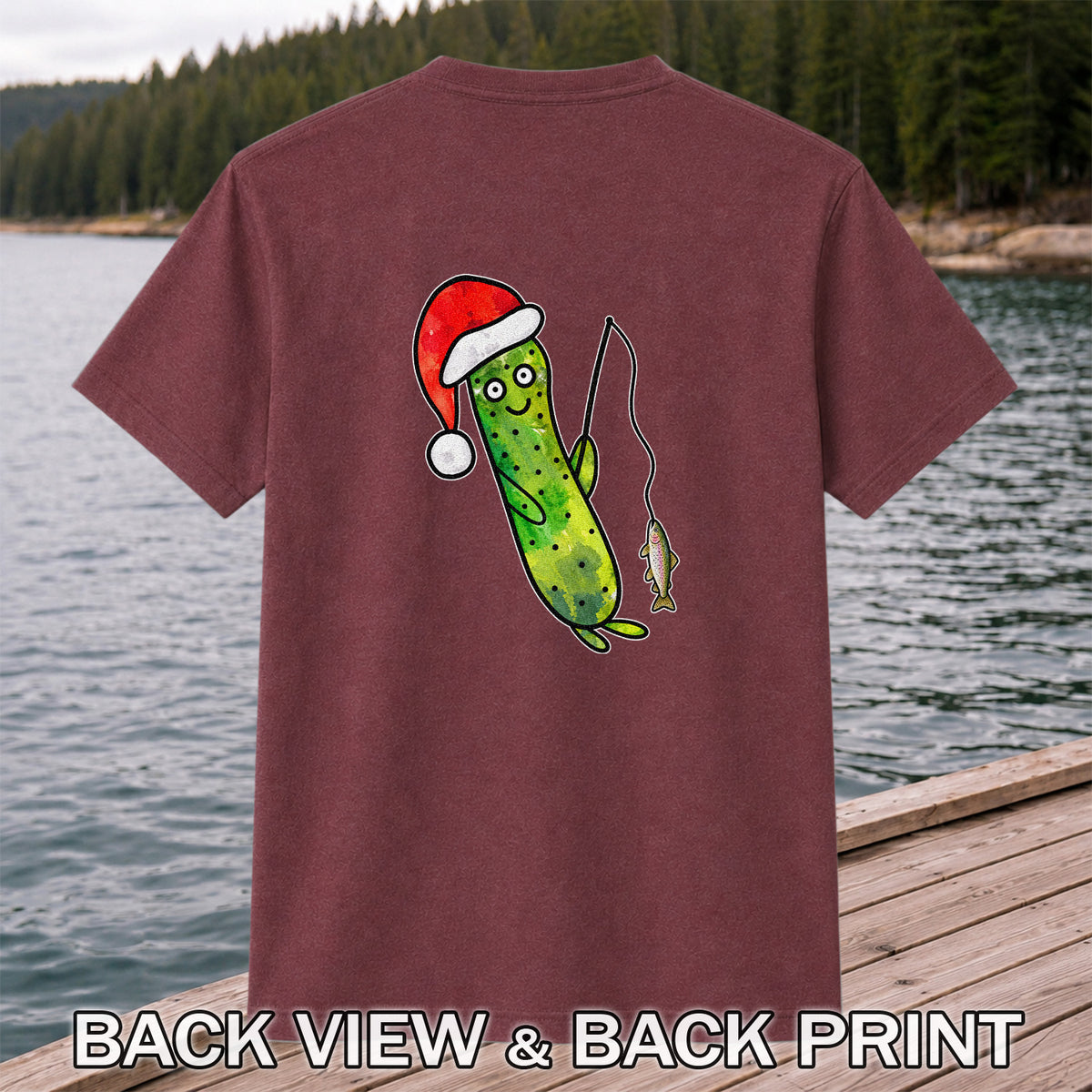 Santa Hat Cucumber Fishing for Trout Graphic T-Shirt | Back Print