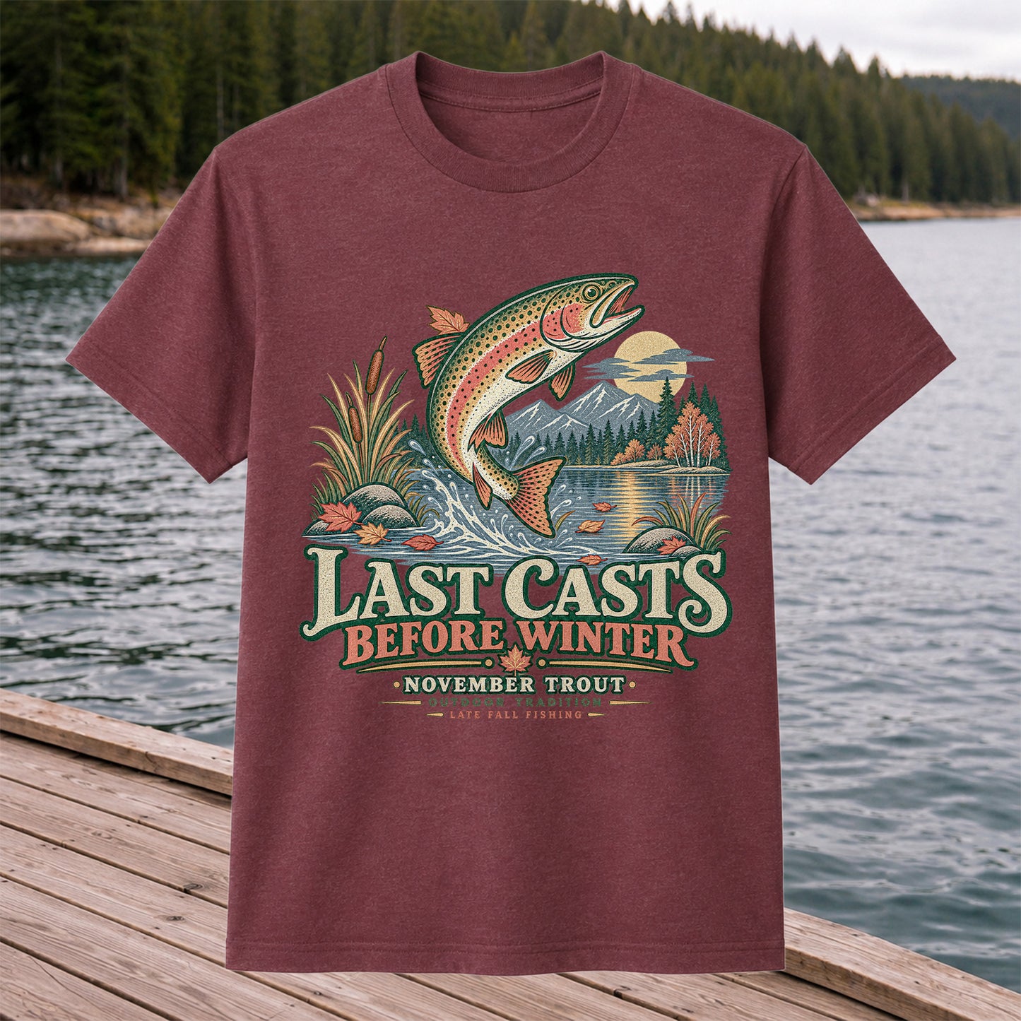 Last Casts Before Winter November Rainbow Trout Fishing Graphic T-Shirt