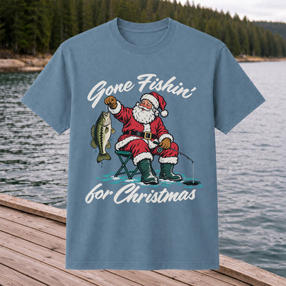 Santa Fishing with Bass Christmas Graphic T-Shirt