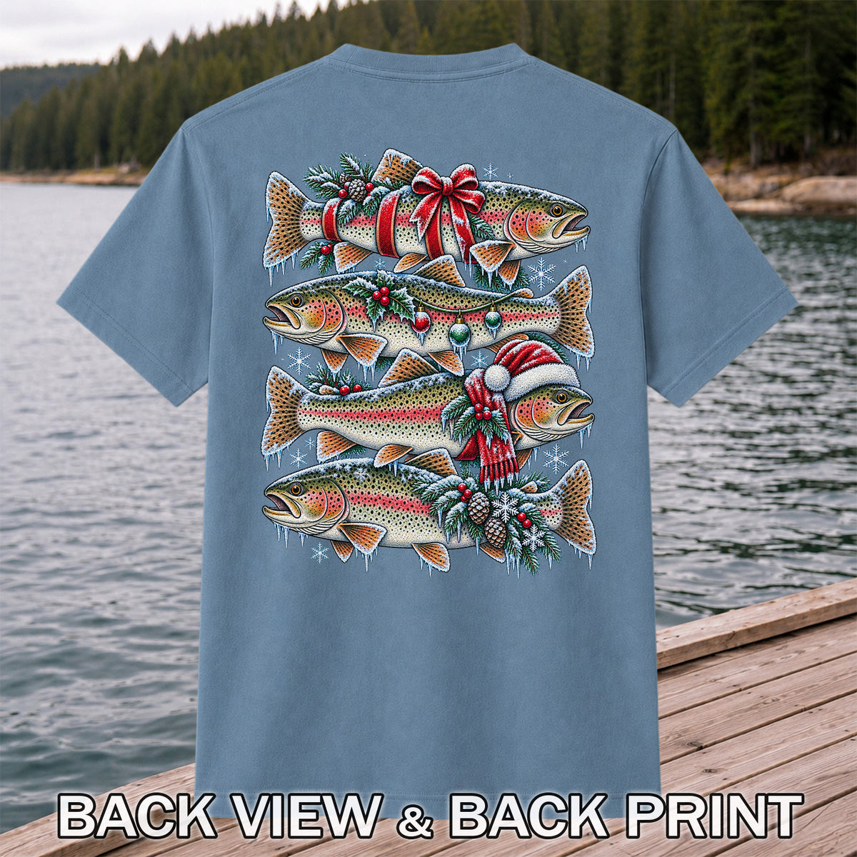 Festive Rainbow Trout Christmas Fishing Graphic T-Shirt | Back Print