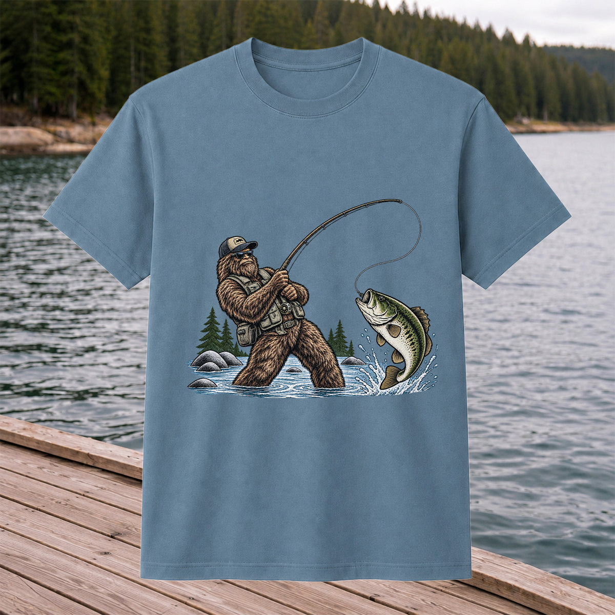 Bear Catching Bass Fishing Graphic T-Shirt
