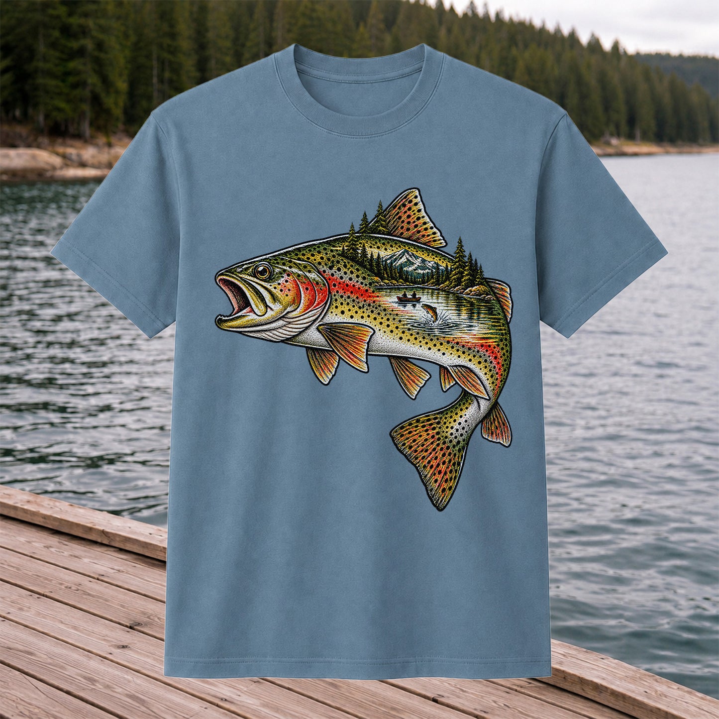 Rainbow Trout Mountain Lake Fishing Scene Graphic T-Shirt