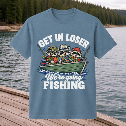 Get In Loser We're Going Fishing Raccoons in a Boat T-Shirt