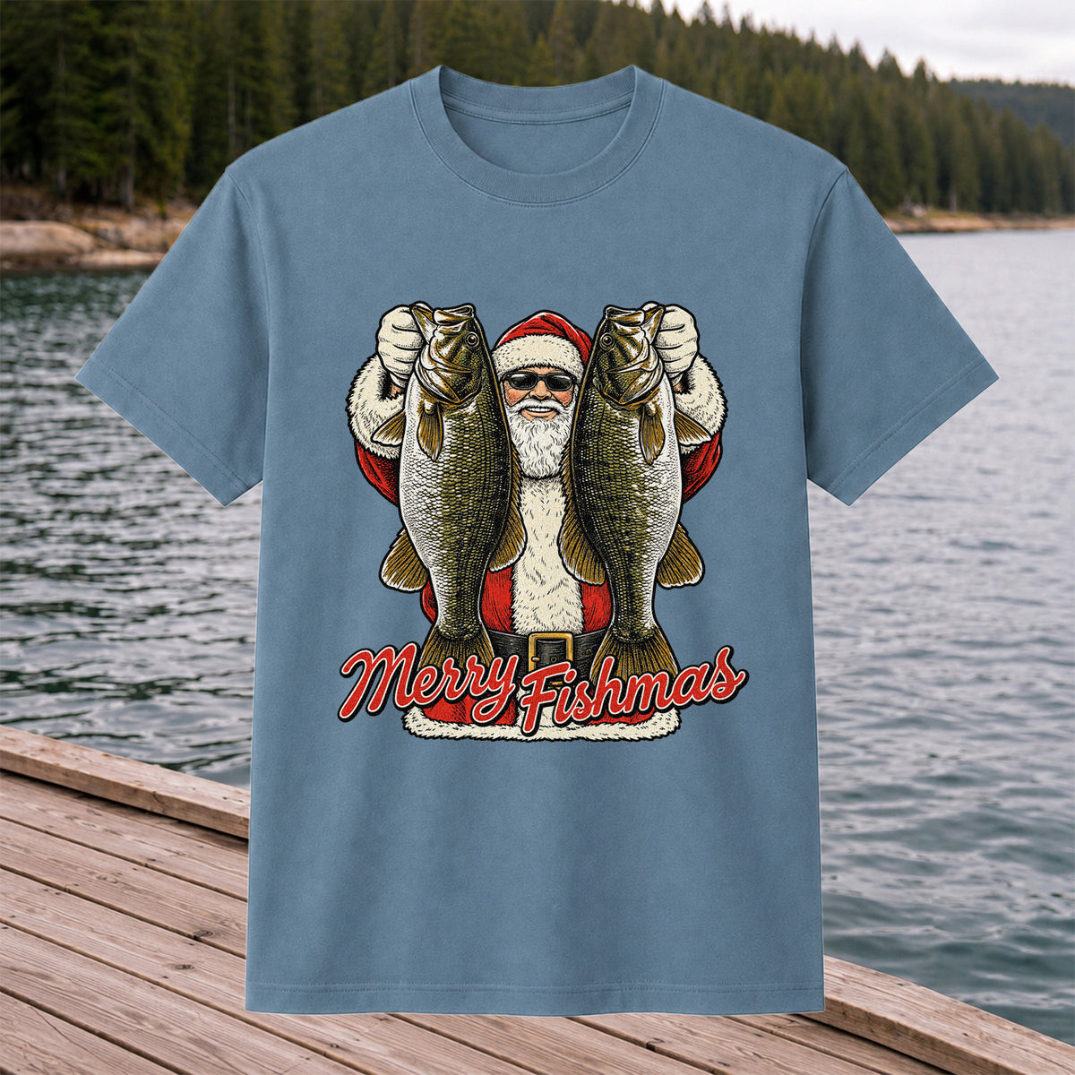 Santa Holding Bass Christmas Fishing Graphic T-Shirt