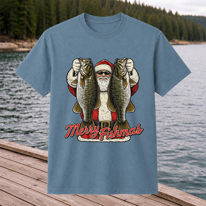 Santa Holding Bass Christmas Fishing Graphic T-Shirt