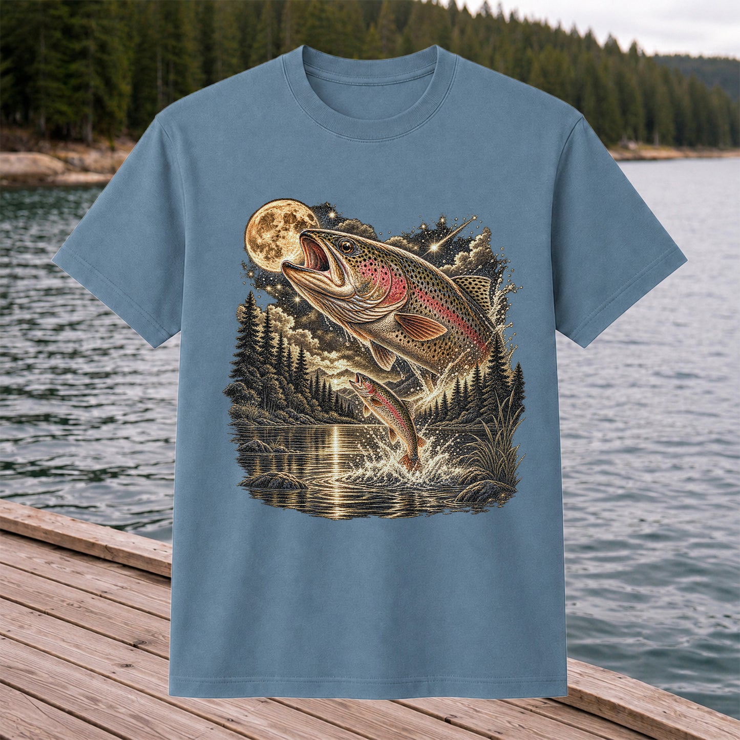 Moonlit Rainbow Trout Jumping from Mountain Lake Graphic T-Shirt
