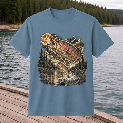 Moonlit Rainbow Trout Jumping from Mountain Lake Graphic T-Shirt