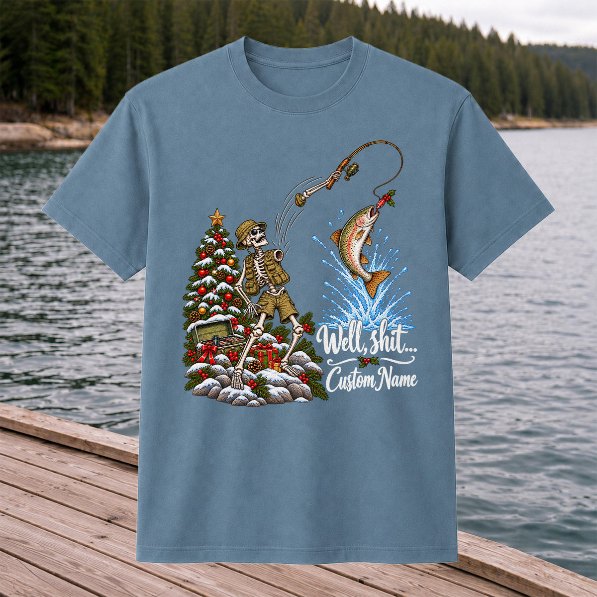 Skeleton Angler Christmas Fishing Personalized Graphic T-Shirt
