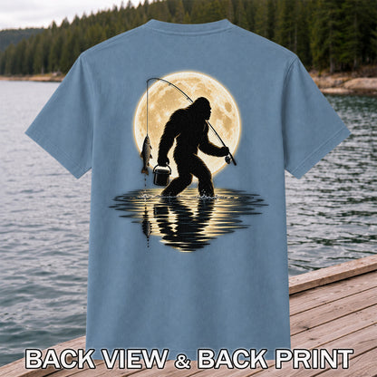Bigfoot Fishing Under a Full Moon Graphic T-Shirt | Back Print
