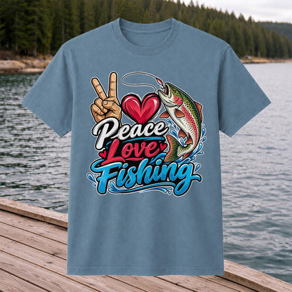 Peace Love Fishing Rainbow Trout and Heart Graphic T-Shirt