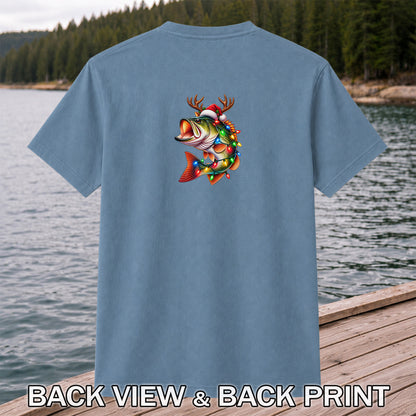 Christmas Bass with Santa Hat, Antlers and Holiday Lights Fishing T-Shirt | Back Print