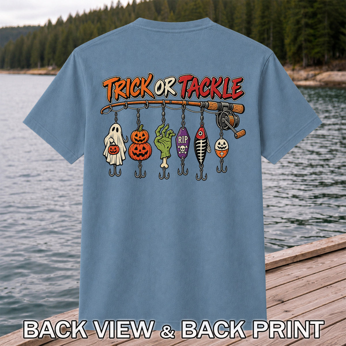 Trick or Tackle Halloween Ghost and Pumpkin Fishing Lures T-Shirt | Back Print
