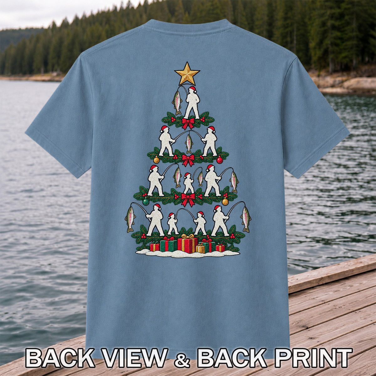 Christmas Tree with Anglers and Rainbow Trout Fishing Graphic T-Shirt | Back Print