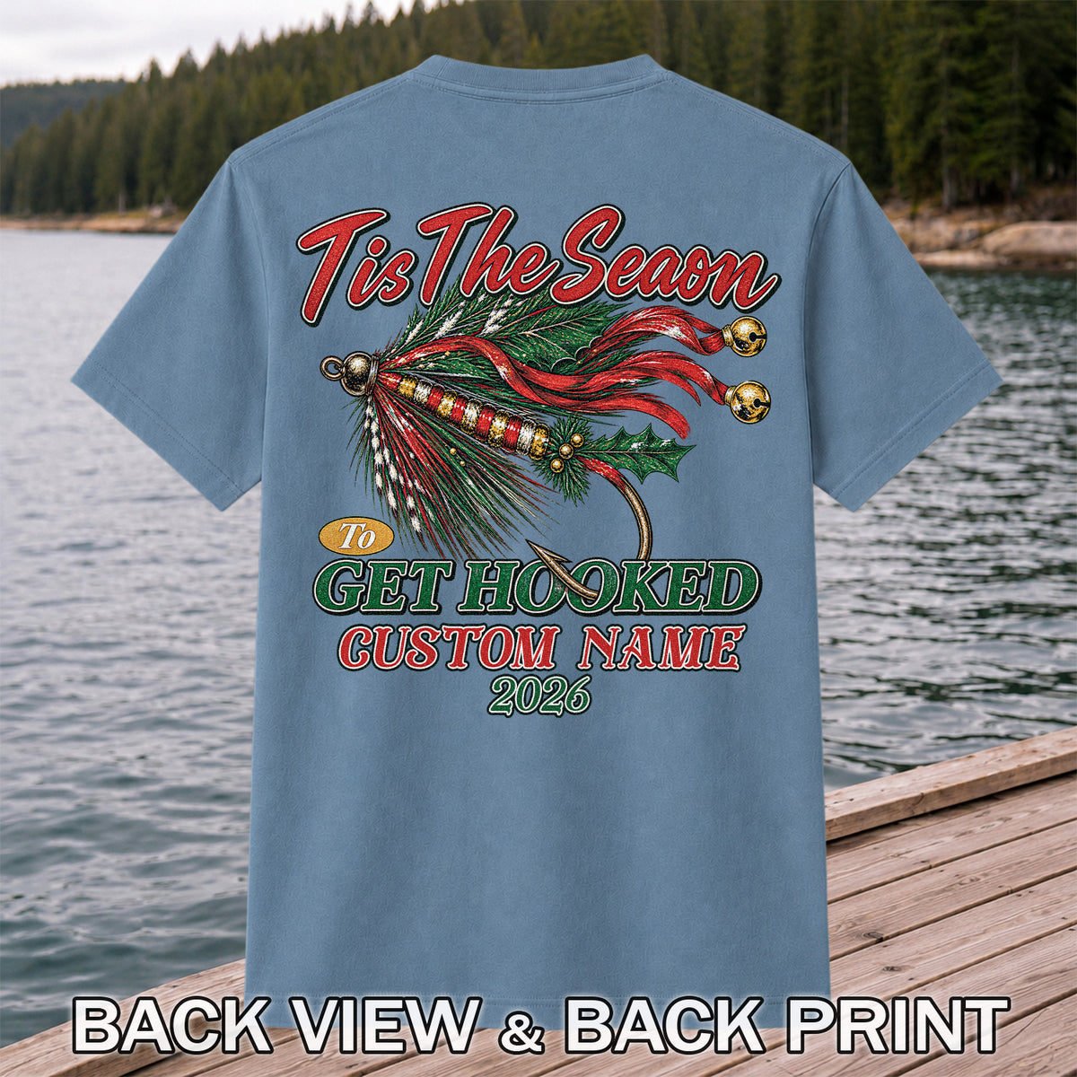 Personalized Christmas Fly Fishing Custom Name T-Shirt | Back Print