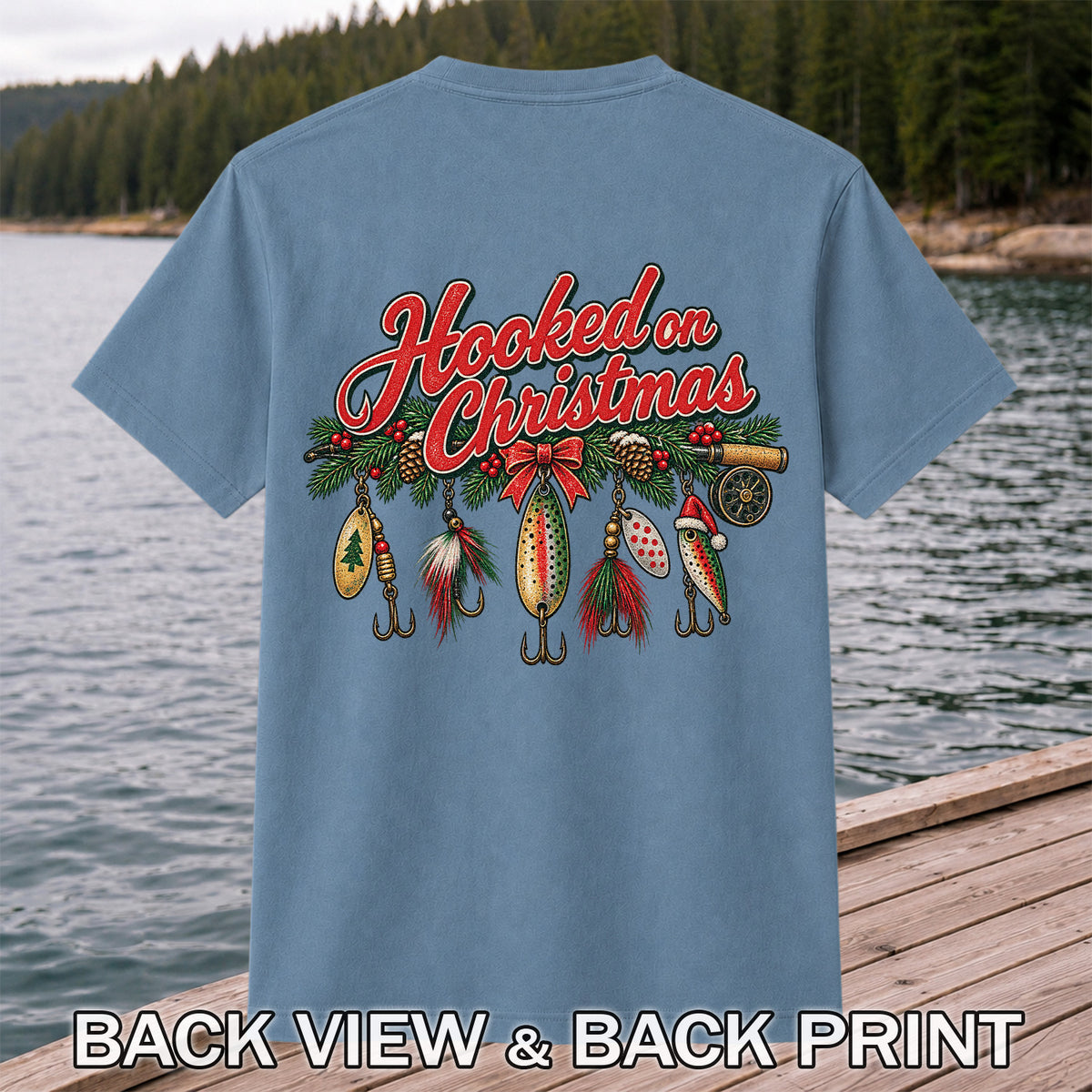 Hooked on Christmas Fishing Lure Ornaments Graphic T-Shirt | Back Print