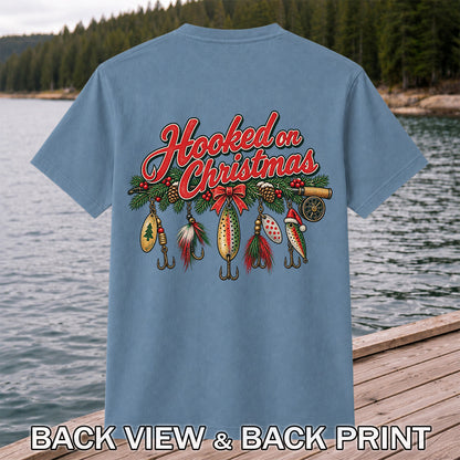 Hooked on Christmas Fishing Lure Ornaments Graphic T-Shirt | Back Print
