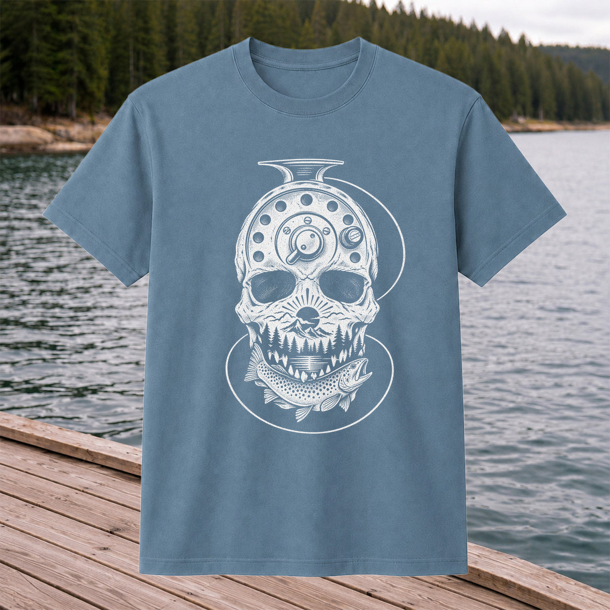 Trout and Fly Fishing Reel Skull Mountain Graphic T-Shirt