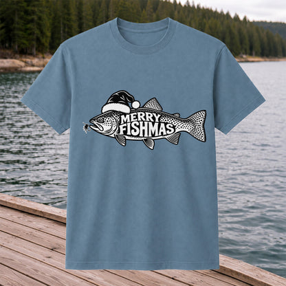 Merry Fishmas Black and White Trout Christmas Fishing T-Shirt
