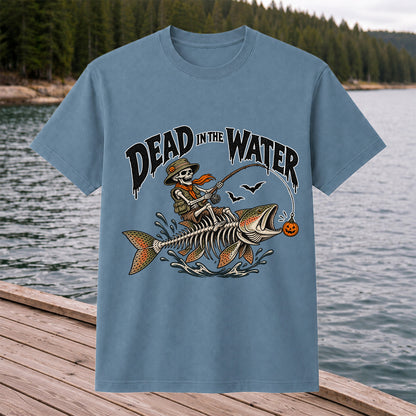 Dead in the Water Skeleton Riding a Trout Halloween Fishing T-Shirt