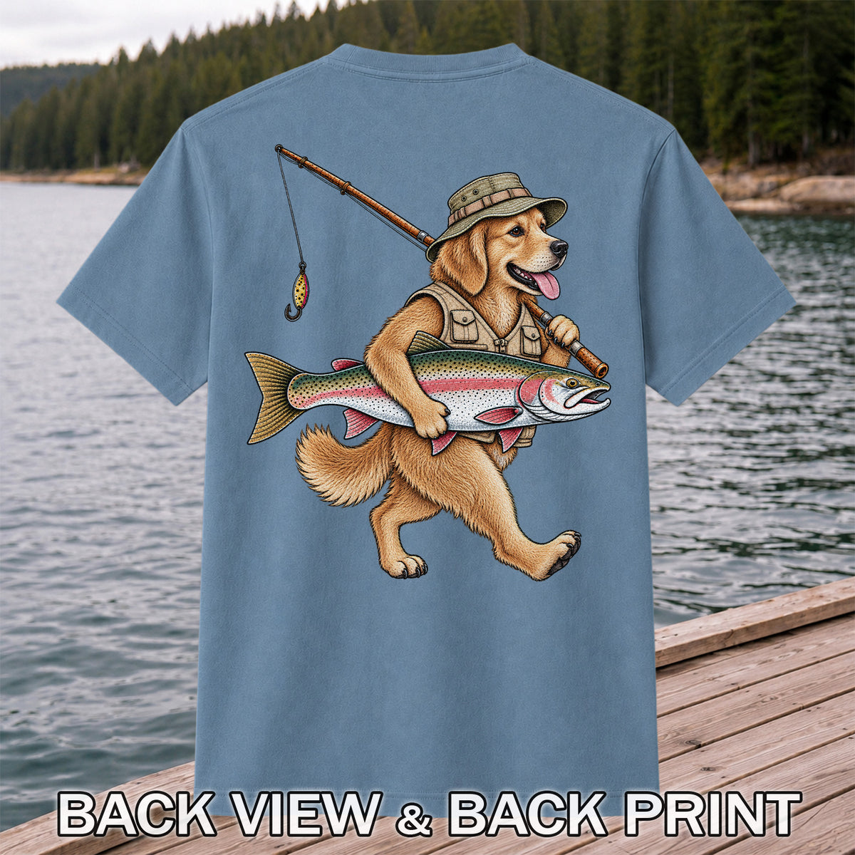 Golden Retriever Holding Rainbow Trout Fishing Graphic T-Shirt | Back Print